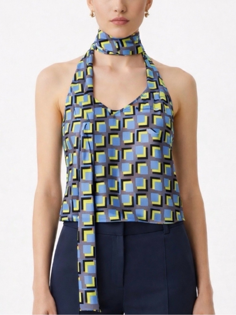 Wildfang Blue and Yellow Satin Cami Geometric Halter Scarf Top